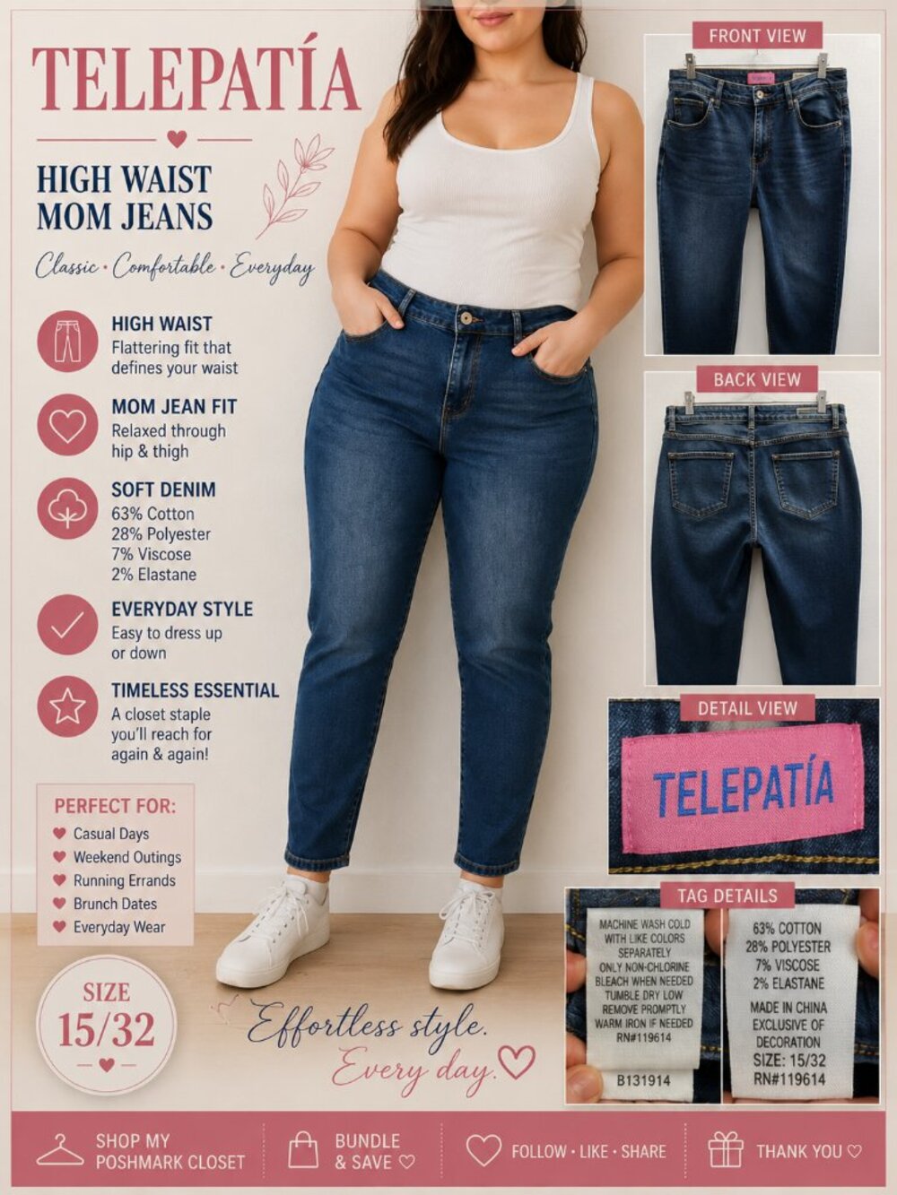 Telepatía High Waist Mom Jeans Dark Wash Y2K Relaxed Fit Size 15/32